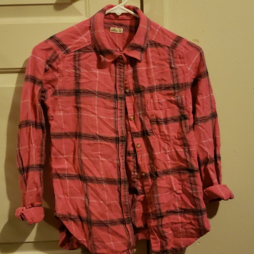 Hollister XS pink plaid long sleeve button up
